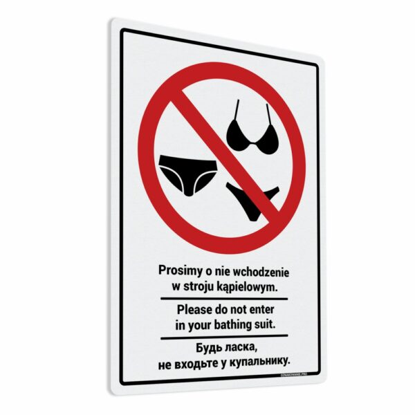 Naklejka z komunikatem w języku polskim, angielskim i ukraińskim "Prosimy o nie wchodzenie w stroju kąpielowym. Please do not enter in your bathing suit. Будь ласка, не входьте у купальнику."