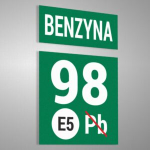 Zestaw 2 naklejek na wlew paliwa przypominających o tym co należy zatankować, drukowanych i wycinanych ploterowo na zamówienie z wysokiej jakości folii firmy ORACAL. Benzyna 98 E5